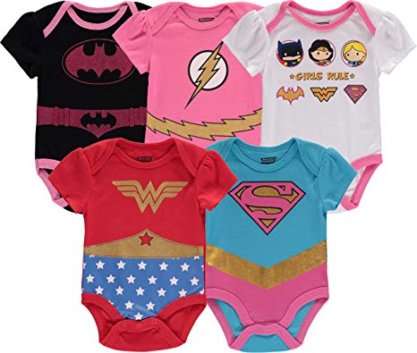 Girls 5 Pack Infant Baby Short Sleeve Bodysuit Wonder Woman Superman Flash Batgirl Girls Rule