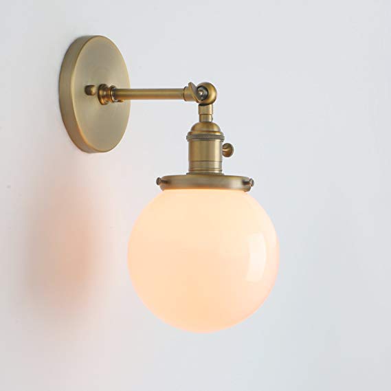 Permo Vintage Industrial Wall Sconce Lighting Fixture with Mini 5.9" Round Globe Milk White Glass Hand Blown Shade (Anqitue)