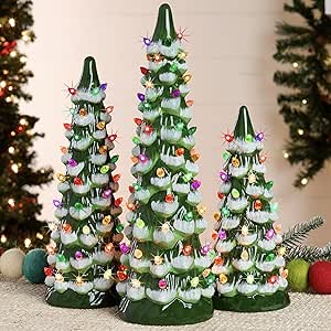 Best Choice Products Set of 3 Ceramic Christmas Trees, Pre-Lit Hand-Painted Tabletop Holiday Decoration w/Multicolor Bulbs LED Lights – Flocked Green