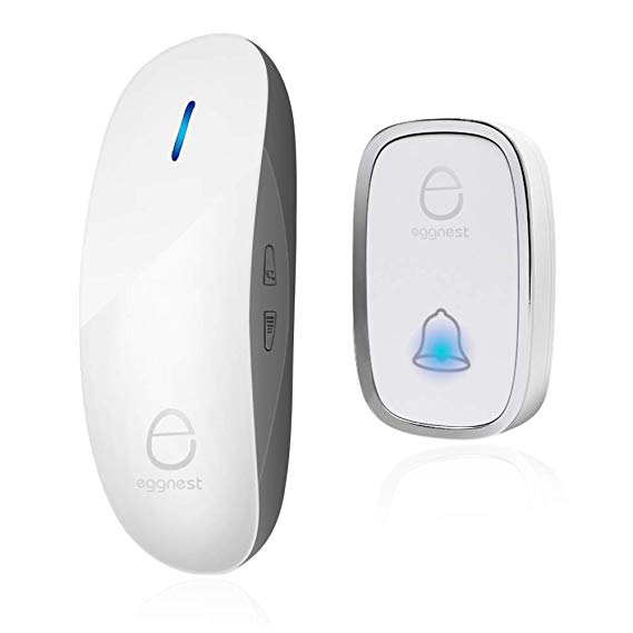 Wireless Doorbell Door Chime Kit Portable Waterproof Push Button over 900ft Long Range 4-Level Volume & Blue Light 36 Melodies to Choose-White (1Transmitter1Receiver)