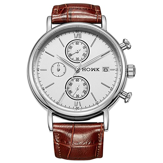 HOWK Men's Chronograph Watches Date Analog Display with Brown Leather Band White Dial