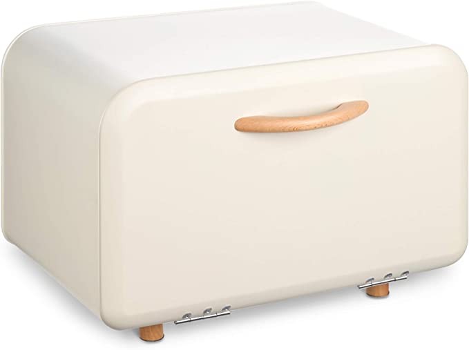 Navaris Bread Bin - Metal Bread Box Storage Tin with Front Opening Drop Down Door for Kitchen Counter or Shelf - Bakery Storage Container - Cream