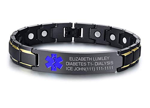 Custom Free Engraving Black Stainless Steel Magnetic Therapy Health Emergency Medical Alert ID Bracelets for Men Dad,8.6"