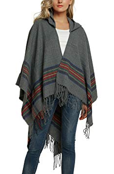 Urban CoCo Women's Vintage Plaid Knitted Tassel Poncho Shawl Cape Button Cardigan (Series 3 Grey)