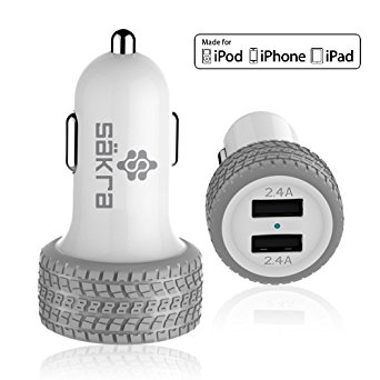 Mini High Power Dual Port USB Car Charger Säkra 4.8A 24W [ WHITE ] - MFi Apple Certified w/ Premium Construction - Smart USB Enabled by Port Dedicated Chips - Optimizes Charge & Prevents Overheating