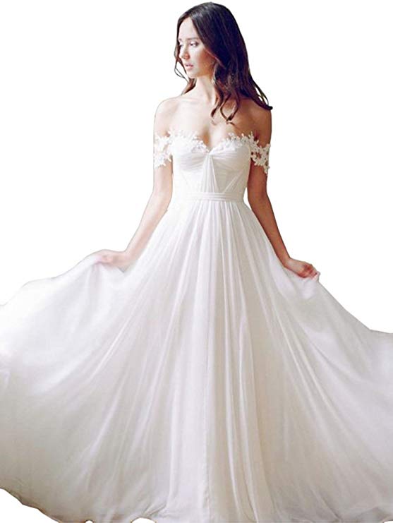 Lovelybride Off the Shoulder a Line Long Chiffon Bridal Beach Wedding Dress