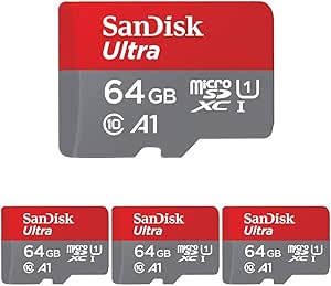 SanDisk 64GB Ultra microSDXC UHS-I Memory Card with Adapter - Up to 140MB/s, C10, U1, Full HD, A1, MicroSD Card - SDSQUAB-064G-GN6MA [New Version] (Pack of 4)