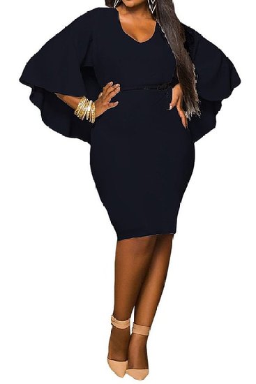 Hot Fish Womens Batwing Sleeve V Neck Solid Bodycon Plus Size Dress