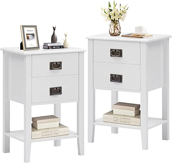 VECELO Nightstands Set of 2 End/Side Tables for Living Room Bedroom Bedside, Vintage Accent Furniture Small Space, Solid Wood Legs, Two Drawers, White