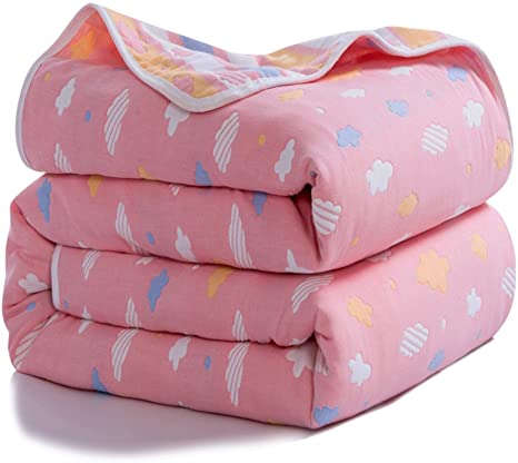 Joyreap 6 Layers of 100% Muslin Cotton Summer Blanket - Soft Lightweight Summer Quilt for Teens & Kids - Hypoallergenic Durable and Comfortable Throw Blanket (Cloud-Pink, 79"x 94")