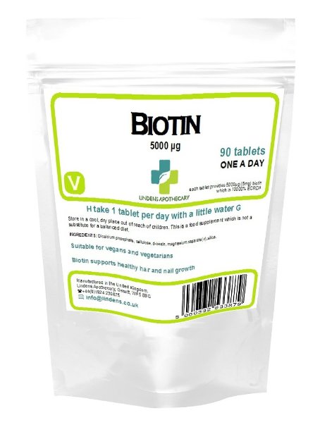 Biotin 5.0mg providing 10,000% ECRDA, for hair and nail growth 90 Tablets