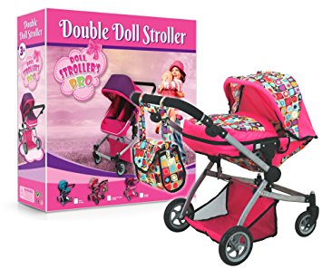 Deluxe Twin Doll Pram with Swiveling Wheels & Adjustable Handle and Free Carriage Bag