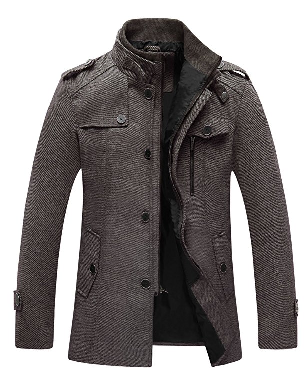 Wantdo Men's Pea Coat Stand Collar Windproof Jacket Overcoat