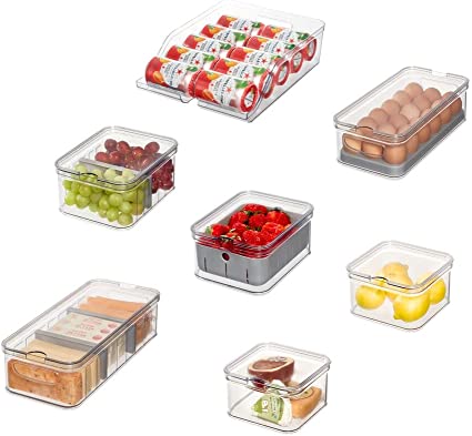 iDesign Plastic Refrigerator Organizer Bin Set The Spruce Fridge Binz, Set of 7, Clear/Matte Gray, 7 Count