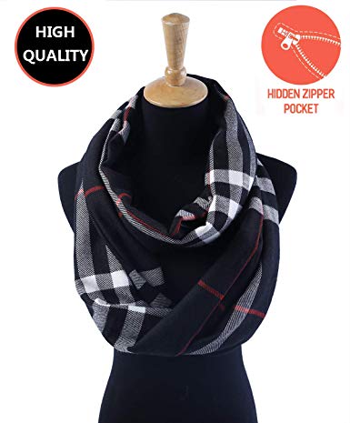 Plaid Travel Scarf with Hidden Pocket, Softness, Mid-weight, for Winter Spring