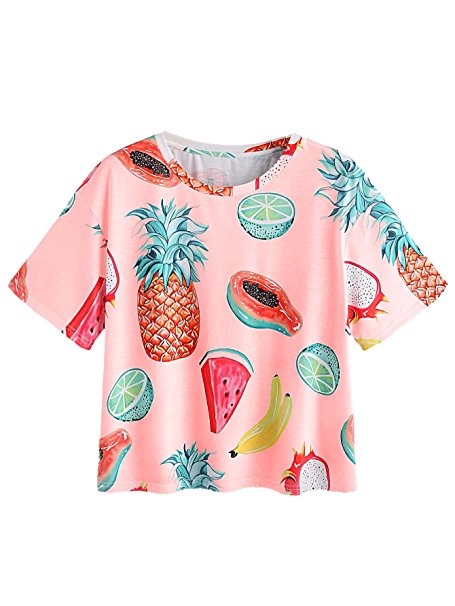 Romwe Women's Allover Fruit Print Top Short Sleeve Cute T-Shirt