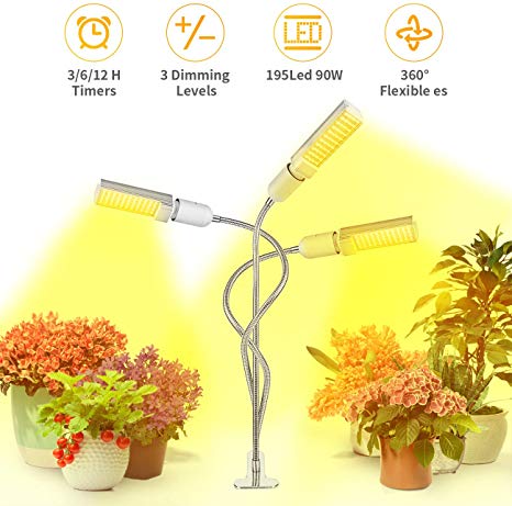 LED Grow Lights for Indoor Plants, Befayoo 90W Full Spectrum Plant Lights, 195 LED Lamp Bulbs, Growing Lamp for Plants with 3/9/12H Timer 6 Dimmable Level Full Spectrum, Adjustable Lamp Head and Goose
