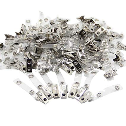 Metal Badge Clips Double Hole Badge Clips PVC Straps - 100/Pack (Clear Plastic)