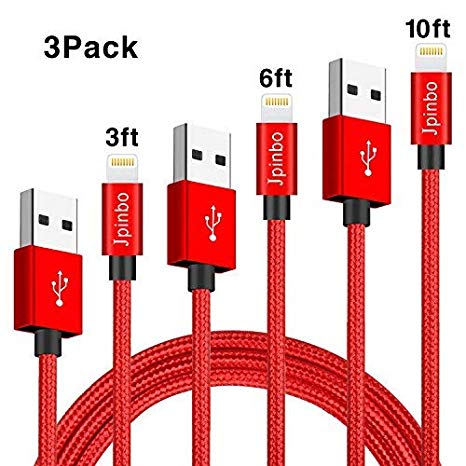 Lightning Cable, Jpinbo iPhone Charger 3PACK 3FT/6FT/10FT Nylon Braided 8 pin Charging Cables USB Charger Cord, Compatible for iPhone X / 8/8 Plus / 7/7 Plus / 6/6 Plus/iPad and more