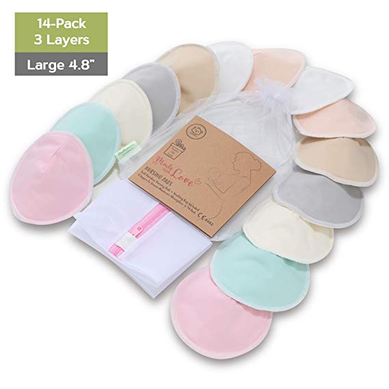 Organic Bamboo Nursing Breast Pads - 14 Washable Pads   Wash Bag - Breastfeeding Nipple Pad for Maternity - Reusable Nipplecovers for Breast Feeding (Pastel Touch Lite, Large 4.8")