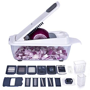 Vegetable Chopper, Ommani Onion Chopper 12 in 1 of Less Vapor, Professional 420 Detachable Blades Vegetable Slicer Cutter, 1.5 Liters Large Container/Finger Guard/Brush, Easy to Clean, BPA Free