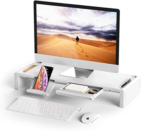 Monitor Stand Riser, OImatser Foldable Computer Monitor Riser, Adjustable Height Computer Stand and Storage Drawer & Pen Slot, Phone Stand for Computer, Desktop, Laptop, Save Space (White)