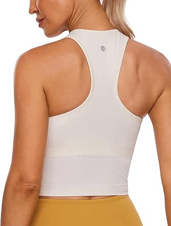 CRZ YOGA Womens Seamless Ribbed Longline High Neck Sports Bra - Racerback Padded Slim Fit Crop Tank Top with Built in Bra