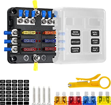 TOMORAL Fuse Block with 12 PCE Fuses, 14 PCE Ring Terminals and LED Indicator for Automotive Truck Boat Marine RV Van Vehicle (6 Circuit Fuse Box)