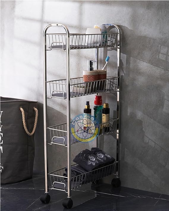 Cosmos Stainless Steel 4 Tier Slim Kitchen Organizer Trolley with Anti Skid Mat | Bottle Rack | Kitchen Rack | Rack for Storage | for Office, Utility Area | Size (W- 46cm, D- 16cm, H - 89cm)