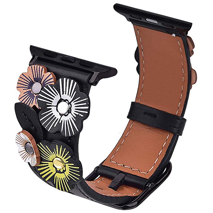 V-MORO Flowers Leather Bands Compatible with Apple Watch Bands 38mm 40mm Series 4/3/2/1 with Stainless Steel Buckle Black Replacement Strap Wristbands Women(Black, 38mm)