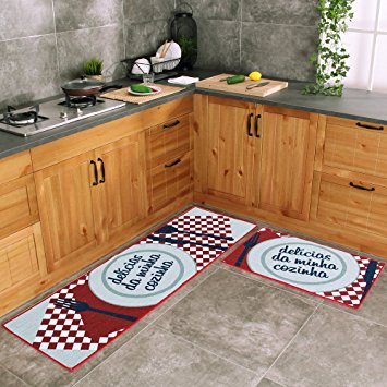 Carvapet 2 Piece Kitchen Mat No Rubber Backing Doormat Runner Rug Set, Dish Design (Red 19"x63" 19"x31")