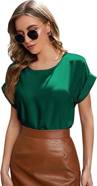 Milumia Women's Casual Satin Blouse Batwing Short Sleeve Crew Neck Office Shirt Tops