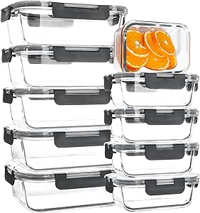 Glass Food Storage Containers, 10 pack Glass meal prep container, Leak Proof, Glass Storage Containers with lids, Ideal for Food Storage, Lunch, On-the-Go, Leftover - Grey