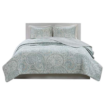 Comfort Spaces - Kashmir Mini Quilt Set - 3 Piece - Paisley Pattern - Blue, Grey, Full/Queen Size, Includes 1 Quilt, 2 Shams