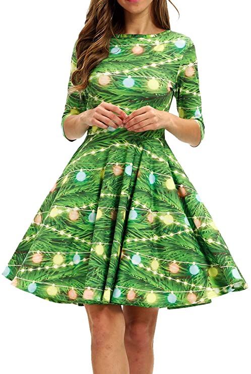 BarbedRose Women's 3D Ugly Christmas Print Round Neck Casual Flared Midi Dress
