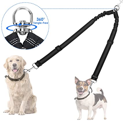 AUTOWT Double Dog Leash, No Tangle 360° Swivel Rotation Reflective Double Lead Adjustable Length Dual Two Dog Lead Splitter, Comfortable Shock Absorbing Walking for Two Dogs
