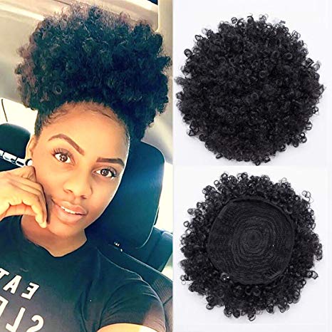 BEIRA Synthetic Afro Puff Drawstring Ponytail Short Kinky Curly Hair Bun Extension Donut Chignon Hairpieces Wig Updo Hair Extensions with Two Clips(Black-1b)