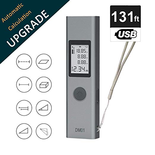 IIDA laser distance meter, rechargeable compact digital tape measurer up to131 feet/40m, Backlight LCD, Pythagorean calculate, Distance, Area and Volume - ±2mm Accuracy