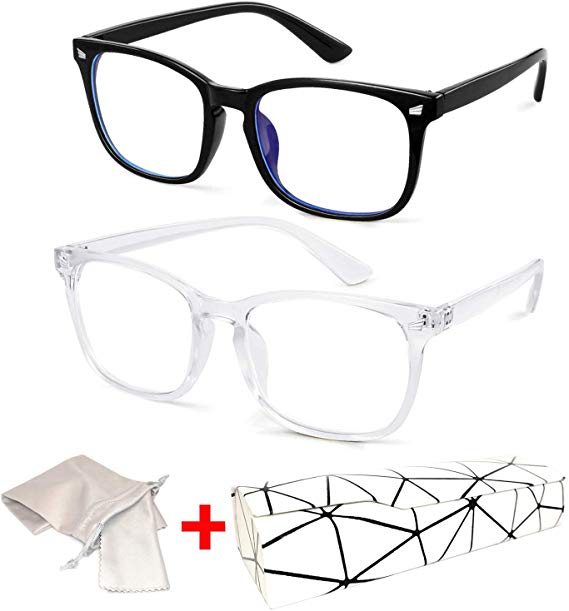 Blue Light Blocking Glasses, Anti Eyestrain Headache Square Computer Glasses, UV400 Protection Reading/Gaming/TV/Phones Glasses for Women Men, 2 Pack (Black and Transparent)