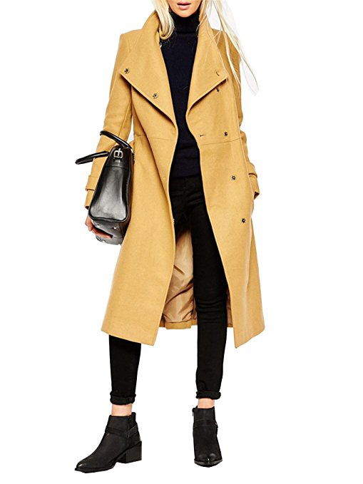 JollyChic Women's Single Breasted Stand Collar Winter Long Trench Coat with Belt
