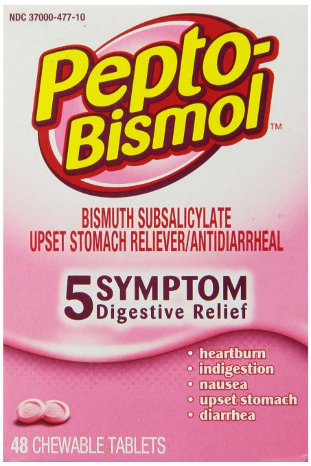 Pepto-Bismol 5 Symptom Relief Including Upset Stomach and Diarrhea Original Chewable Tablets, 48 Count