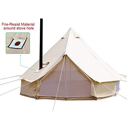 Playdo 4-Season Waterproof Cotton Canvas Large Family Camp Bell Tent Hunting Wall Tent with Roof Stove Jack Hole for Camping Hiking Party, Beige Color