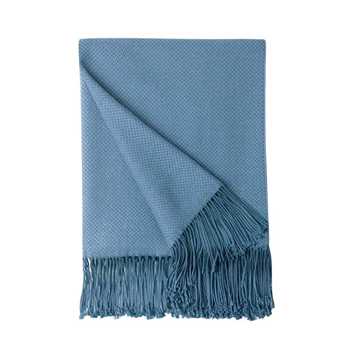 BOURINA Herringbone Two Tone Throw Blanket Faux Cashmere Fringe Soft Lightweight Cozy for Bed Couch Decorative Throws Blanket, Spa Blue, 50" x 60"