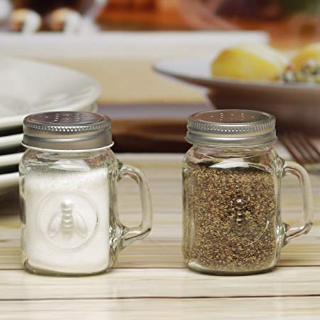 Circleware 66791 Honey Bee Mason Jar Mug Salt and Pepper Shakers with Glass Handles and Metal Lids, Set of 2, 5 oz