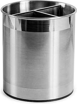 Extra Large Rotating Stainless Steel Utensil Holder Caddy with Sturdy No-Tip Weighted Base, Removable Divider, and Gripped Insert Dishwasher Safe