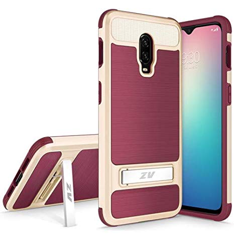 Kaleidio Case Compatible for OnePlus 6T [Tech Armor] 2-Piece Shockproof Dual Layer [Kickstand] Brushed Metal Texture Hybrid Impact Cover [Red/Rose Gold]