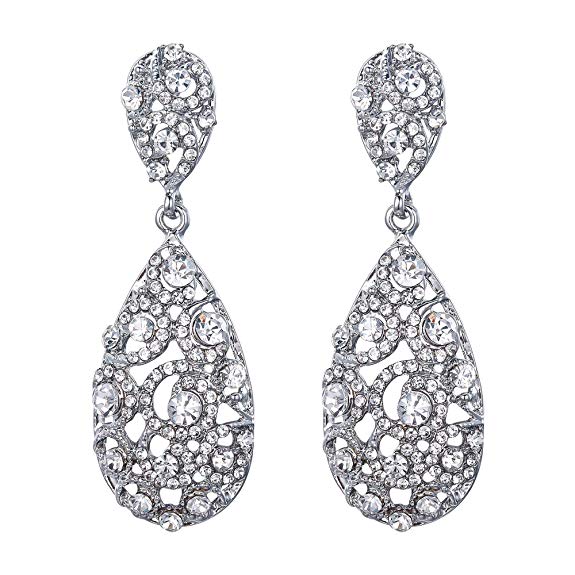 EleQueen Wedding Bridal Crystal Rhinestone Teardrop Hollow Chandelier Pierced Dangle Earrings for Women Girls