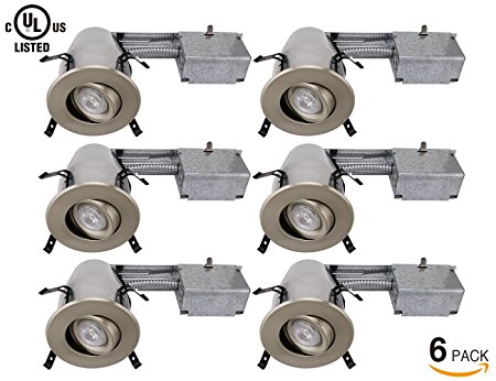 6 PACK 4-inch Remodel Recessed Can   Gimbal Trim Kit, UL-listed Air Tight & IC Housing Can, GU10 Socket Included, Swivel Satin Nickel Metal Trim, Decorative Recessed Retrofit Kit, 120V Line Voltage