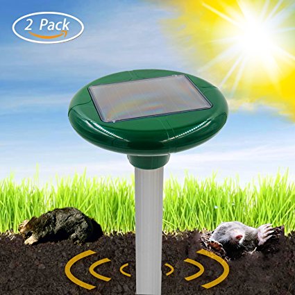 Solar Sonic Mole&Pest Repeller - 2 Piece Solar Powered Repellent Repels Mole/Rodent/Vole/Shrew/Gopher And Other Rodents By HappyHomey, Safe to Your Family, Pets And Plants