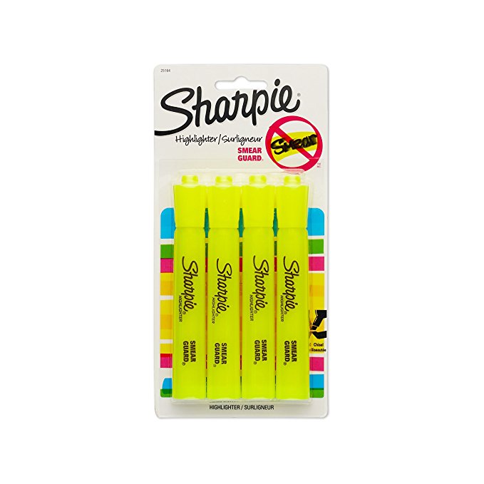 Sharpie 25164PP  Accent Tank Highlighters, Chisel Tip, Fluorescent Yellow, 4-Count